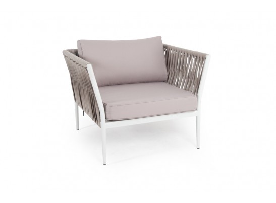 "Касабланка" кресло плетеное из роупа, каркас алюминий светло-серый (RAL7035) шагрень, роуп серо-коричневый 23мм, ткань Savana ivory в Кургане