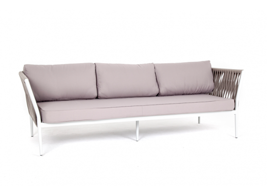 "Касабланка" диван 3-местный плетеный из роупа, каркас алюминий белый, роуп бежевый 20мм, ткань бежевая в Кургане