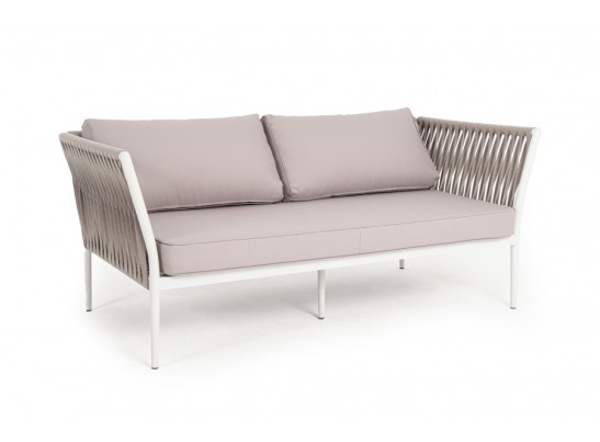 "Касабланка" диван 2-местный плетеный из роупа, каркас алюминий светло-серый (RAL7035) шагрень, роуп серо-коричневый 23мм, ткань бежевая инт? в Кургане