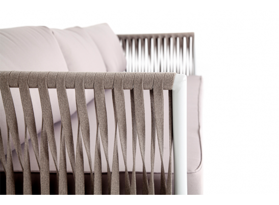 "Касабланка" диван 3-местный плетеный из роупа, каркас алюминий белый, роуп бежевый 20мм, ткань бежевая в Кургане