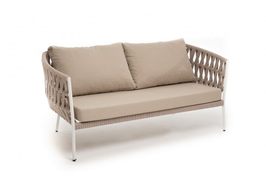 "Диего" диван 2-местный плетеный из роупа, каркас алюминий белый муар, роуп бежевый круглый, ткань бежевая 035 в Кургане