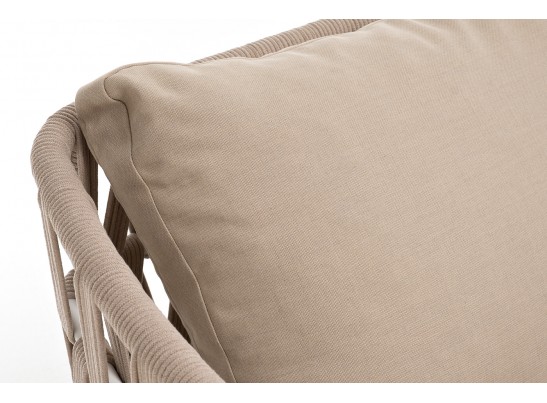 "Диего" диван 2-местный плетеный из роупа, каркас алюминий белый муар, роуп бежевый круглый, ткань бежевая 035 в Кургане