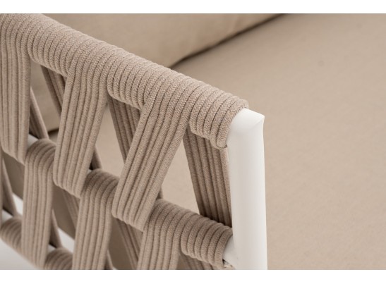 "Диего" диван 2-местный плетеный из роупа, каркас алюминий белый муар, роуп бежевый круглый, ткань бежевая 035 в Кургане