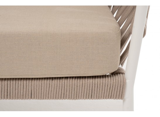 "Диего" диван 2-местный плетеный из роупа, каркас алюминий белый муар, роуп бежевый круглый, ткань бежевая 035 в Кургане