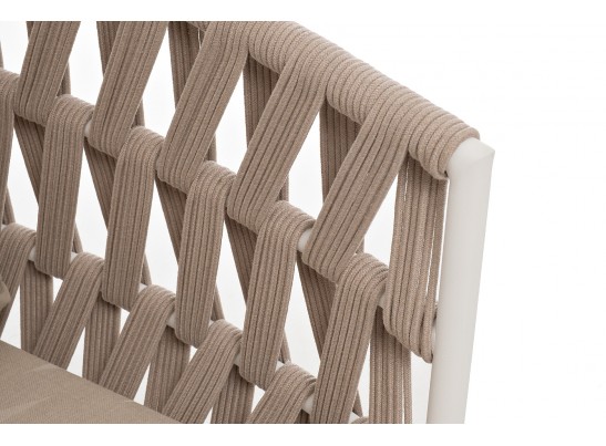 "Диего" диван 2-местный плетеный из роупа, каркас алюминий белый муар, роуп бежевый круглый, ткань бежевая 052 в Кургане