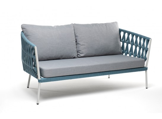 "Диего" диван 2-местный плетеный из роупа, каркас алюминий светло-серый (RAL7035) муар, роуп бирюзовый круглый, ткань светло-серая в Кургане