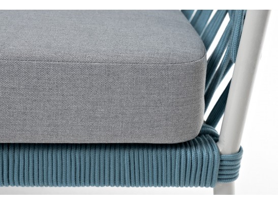 "Диего" диван 2-местный плетеный из роупа, каркас алюминий светло-серый (RAL7035) муар, роуп бирюзовый круглый, ткань светло-серая в Кургане