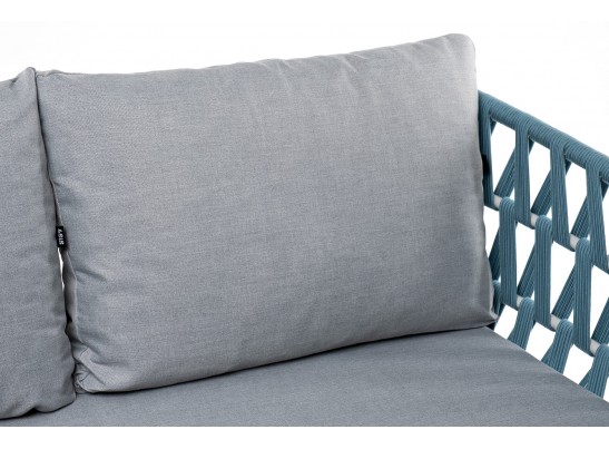 "Диего" диван 2-местный плетеный из роупа, каркас алюминий светло-серый (RAL7035) муар, роуп бирюзовый круглый, ткань светло-серая в Кургане