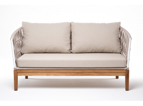 "Диего" диван 2-местный плетеный из роупа, основание дуб, каркас алюминий светло-серый (RAL7035) муар, роуп бежевый круглый, ткань бежевая 052 в Кургане