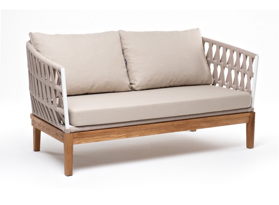 "Диего" диван 2-местный плетеный из роупа, основание дуб, каркас алюминий светло-серый (RAL7035) муар, роуп бежевый круглый, ткань бежевая 052 в Кургане