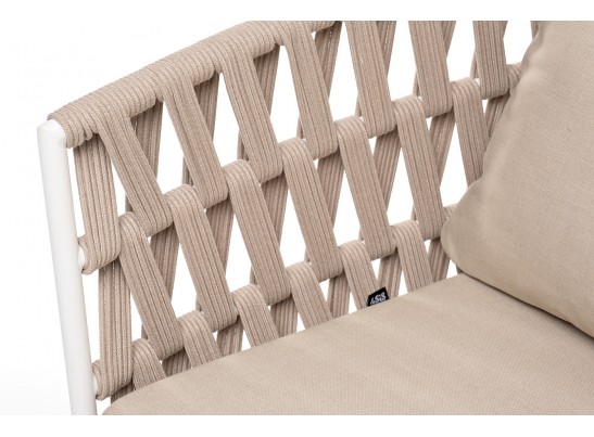 "Диего" диван 2-местный плетеный из роупа, основание дуб, каркас алюминий светло-серый (RAL7035) муар, роуп бежевый круглый, ткань бежевая 052 в Кургане