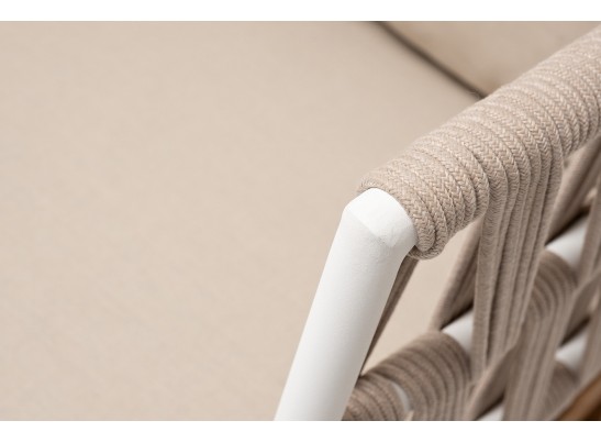 "Диего" диван 2-местный плетеный из роупа, основание дуб, каркас алюминий светло-серый (RAL7035) муар, роуп бежевый круглый, ткань бежевая 052 в Кургане