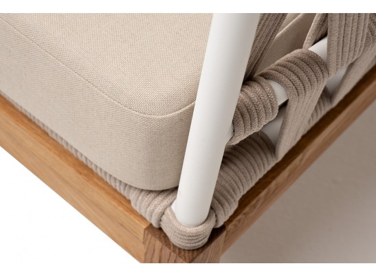 "Диего" диван 2-местный плетеный из роупа, основание дуб, каркас алюминий светло-серый (RAL7035) муар, роуп бежевый круглый, ткань бежевая 052 в Кургане