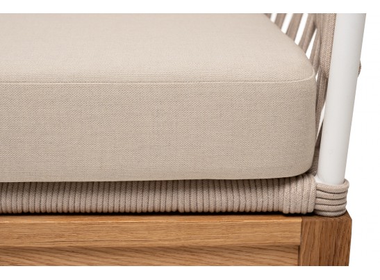 "Диего" диван 2-местный плетеный из роупа, основание дуб, каркас алюминий светло-серый (RAL7035) муар, роуп бежевый круглый, ткань бежевая 052 в Кургане