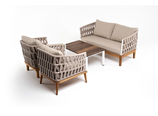 "Диего" лаунж-зона 4-местная плетеная из роупа со столиком "Канны" цвета "дуб", основание дуб, роуп бежевый в Кургане