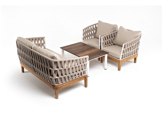 "Диего" лаунж-зона 4-местная плетеная из роупа со столиком "Канны" цвета "дуб", основание дуб, роуп бежевый в Кургане