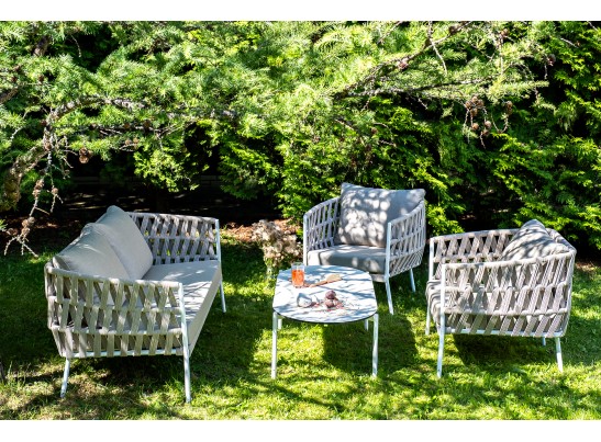 "Диего" лаунж-зона 4-местная плетеная из роупа (веревки), каркас алюминиевый белый, роуп бежевый в Кургане