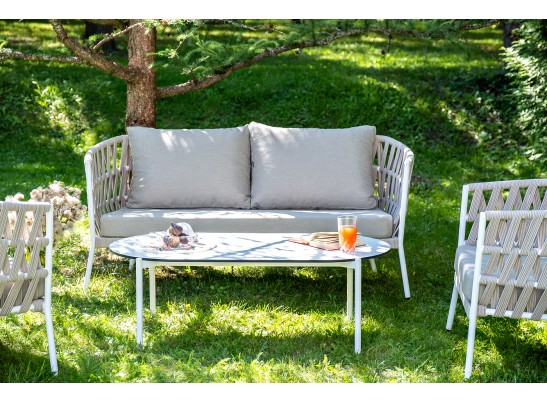 "Диего" лаунж-зона 4-местная плетеная из роупа (веревки), каркас алюминиевый белый, роуп бежевый в Кургане