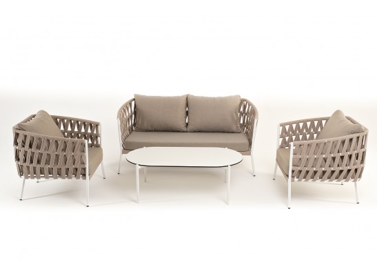 "Диего" лаунж-зона 4-местная плетеная из роупа (веревки), каркас алюминиевый белый, роуп бежевый в Кургане