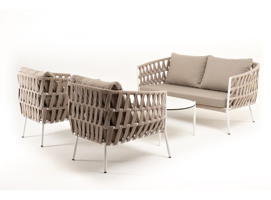 "Диего" лаунж-зона 4-местная плетеная из роупа (веревки), каркас алюминиевый белый, роуп бежевый в Кургане