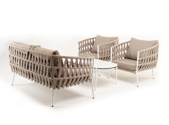 "Диего" лаунж-зона 4-местная плетеная из роупа (веревки), каркас алюминиевый белый, роуп бежевый в Кургане