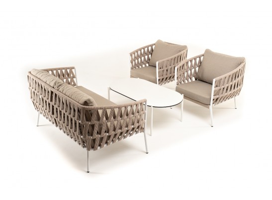 "Диего" лаунж-зона 4-местная плетеная из роупа (веревки), каркас алюминиевый белый, роуп бежевый в Кургане