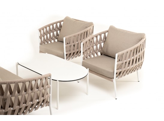 "Диего" лаунж-зона 4-местная плетеная из роупа (веревки), каркас алюминиевый белый, роуп бежевый в Кургане