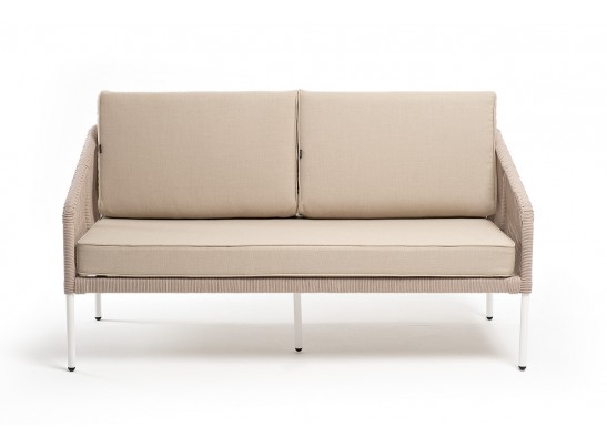 "Канны" диван 2-местный плетеный из роупа, каркас алюминий белый муар, роуп бежевый круглый, ткань бежевая 052 в Кургане