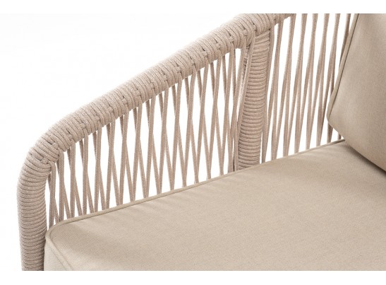 "Канны" диван 2-местный плетеный из роупа, каркас алюминий белый муар, роуп бежевый круглый, ткань бежевая 052 в Кургане
