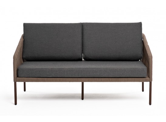 "Канны" диван 2-местный плетеный из роупа, каркас алюминий коричневый (RAL8016) муар, роуп коричневый круглый, ткань темно-серая 027 в Кургане