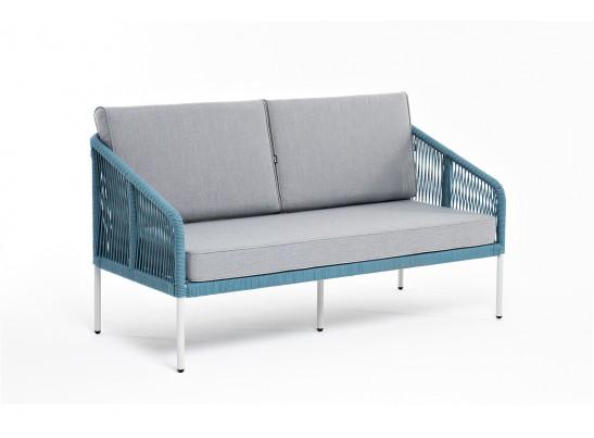 "Канны" диван 2-местный плетеный из роупа, каркас алюминий светло-серый (RAL7035) муар, роуп бирюзовый круглый, ткань светло-серая в Кургане