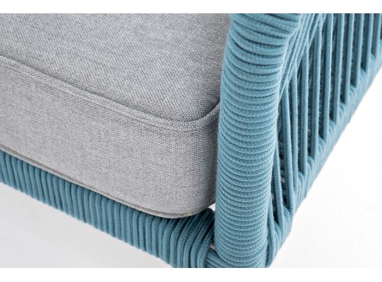 "Канны" диван 2-местный плетеный из роупа, каркас алюминий светло-серый (RAL7035) муар, роуп бирюзовый круглый, ткань светло-серая в Кургане