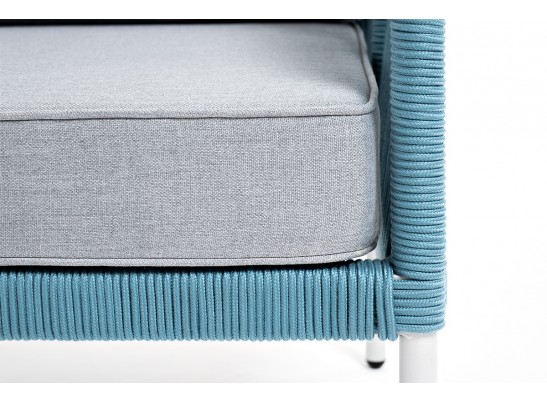 "Канны" диван 2-местный плетеный из роупа, каркас алюминий светло-серый (RAL7035) муар, роуп бирюзовый круглый, ткань светло-серая в Кургане