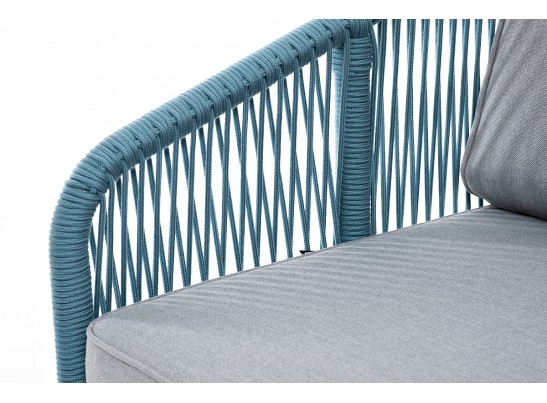 "Канны" диван 2-местный плетеный из роупа, каркас алюминий светло-серый (RAL7035) муар, роуп бирюзовый круглый, ткань светло-серая в Кургане