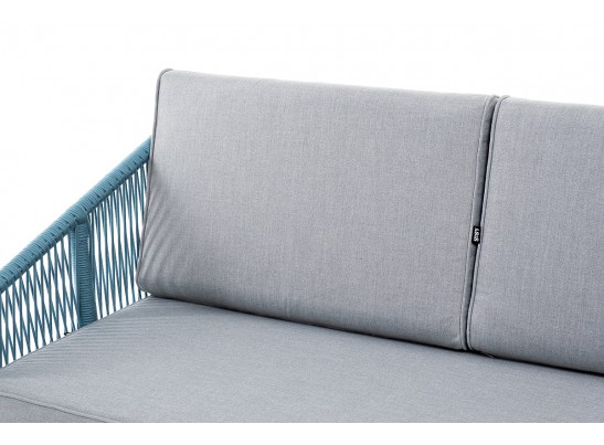"Канны" диван 2-местный плетеный из роупа, каркас алюминий светло-серый (RAL7035) муар, роуп бирюзовый круглый, ткань светло-серая в Кургане