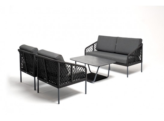 "Канны" диван 2-местный плетеный из роупа (узелки), каркас алюминий темно-серый (RAL7024) муар, роуп темно-серый круглый, ткань темно-серая 027 в Кургане