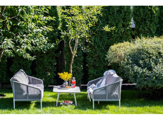 "Канны" диван 2-местный плетеный из роупа, каркас алюминий белый, роуп светло-серый, ткань светло-серая в Кургане