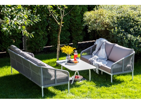 "Канны" диван 2-местный плетеный из роупа, каркас алюминий белый, роуп светло-серый, ткань светло-серая в Кургане
