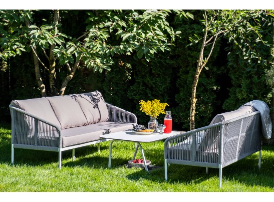 "Канны" диван 2-местный плетеный из роупа, каркас алюминий белый, роуп светло-серый кругл, ткань серая в Кургане