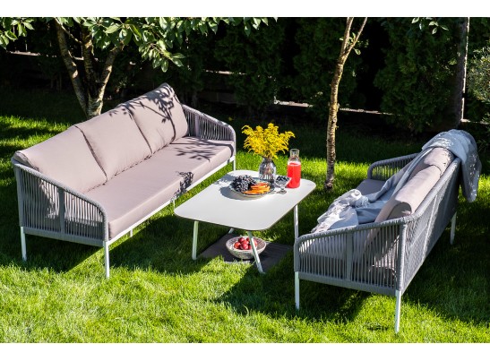 "Канны" диван 2-местный плетеный из роупа, каркас алюминий белый, роуп светло-серый кругл, ткань серая в Кургане