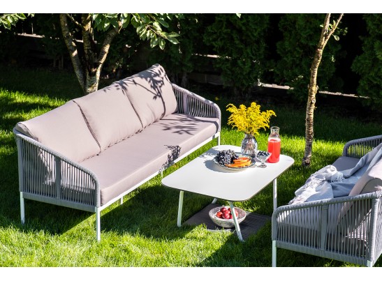 "Канны" диван 2-местный плетеный из роупа, каркас алюминий белый, роуп светло-серый кругл, ткань серая в Кургане