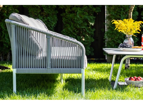 "Канны" диван 2-местный плетеный из роупа, каркас алюминий белый, роуп светло-серый кругл, ткань серая в Кургане