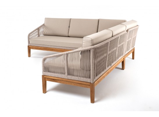 "Канны" диван модульный плетеный из роупа, основание дуб, роуп бежевый круглый, ткань бежевая 052 в Кургане