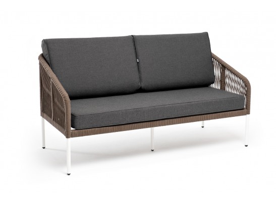 "Канны" диван 2-местный плетеный из роупа, каркас алюминий белый, роуп коричневый круглый, ткань серая в Кургане