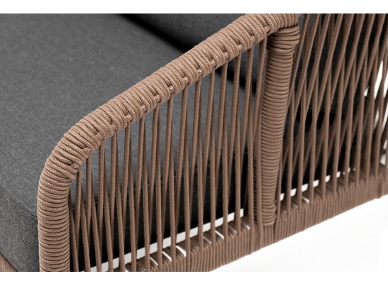 "Канны" диван 2-местный плетеный из роупа, каркас алюминий белый, роуп коричневый круглый, ткань серая в Кургане