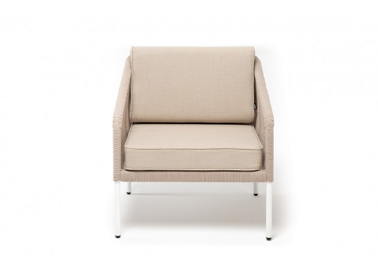 "Канны" кресло плетеное из роупа, каркас алюминий белый, муар, роуп бежевый круглый, ткань бежевая 035 в Кургане