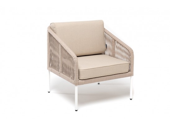 "Канны" кресло плетеное из роупа, каркас алюминий белый, муар, роуп бежевый круглый, ткань бежевая 035 в Кургане