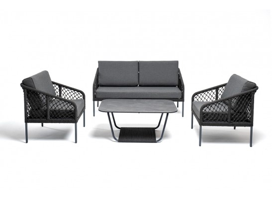 "Канны" кресло плетеное из роупа (узелки), каркас алюминий темно-серый (RAL7024) муар, роуп темно-серый круглый, ткань темно-серая 027 в Кургане