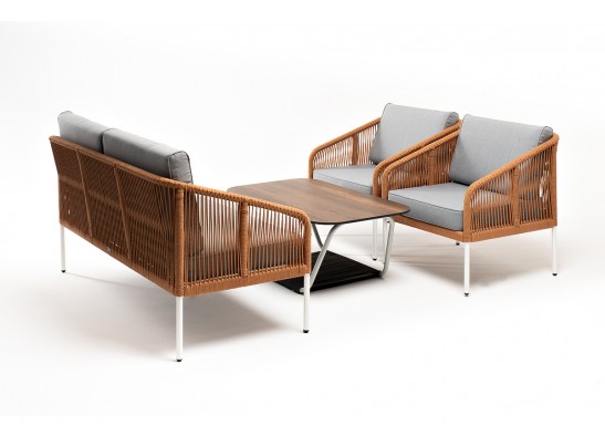 "Канны" лаунж-зона 4-местная из роупа со столом "Глория" цвет "дуб", каркас алюминиевый белый, роуп оранжевый меланж в Кургане