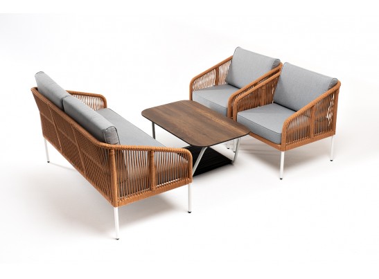 "Канны" лаунж-зона 4-местная из роупа со столом "Глория" цвет "дуб", каркас алюминиевый белый, роуп оранжевый меланж в Кургане